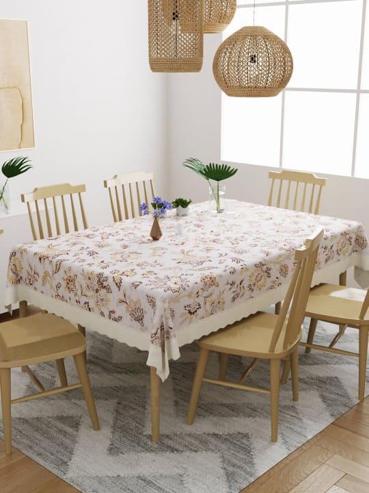 Cream & Brown Floral Printed 6-Seater Table Cover