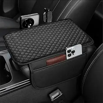 Lyrovo PU Leather Car Armrest Cushion Pad With Side Pockets, Universal Fit for All Car (Black)