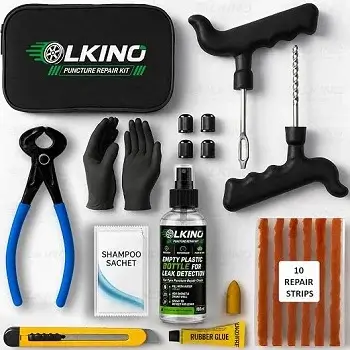 OLKINO 12-in-1 Tubeless Tyre Puncture Repair Kit for Cars & Bikes | Heavy-Duty T-Handle Tools & 10 High-Grip Repair Strips | with Plier, Solution, Cutter, Gloves (with Storage Bag)